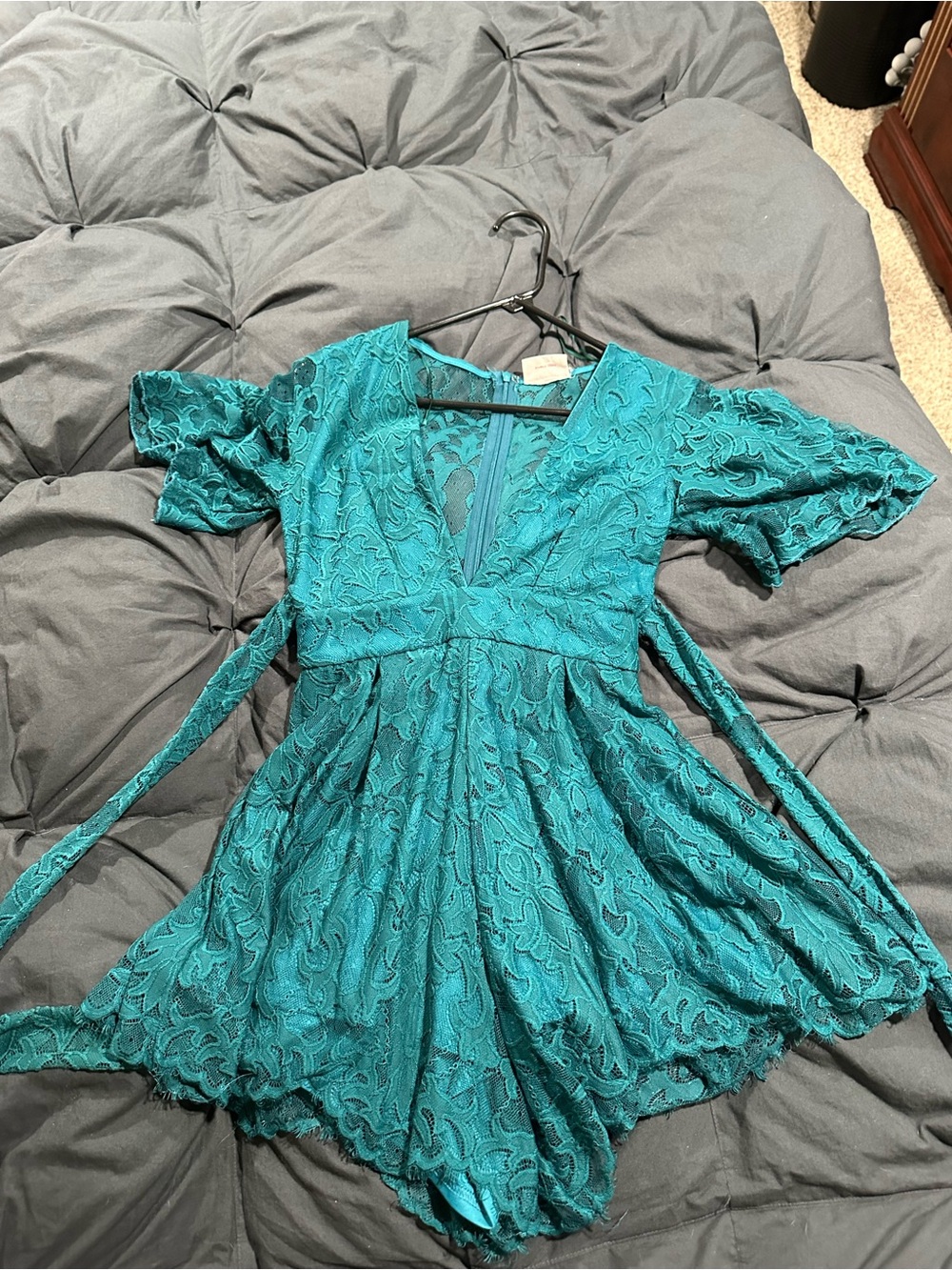 Showpo Women’s Teal Lace Fit-and-Flare Romper with Tie Waist